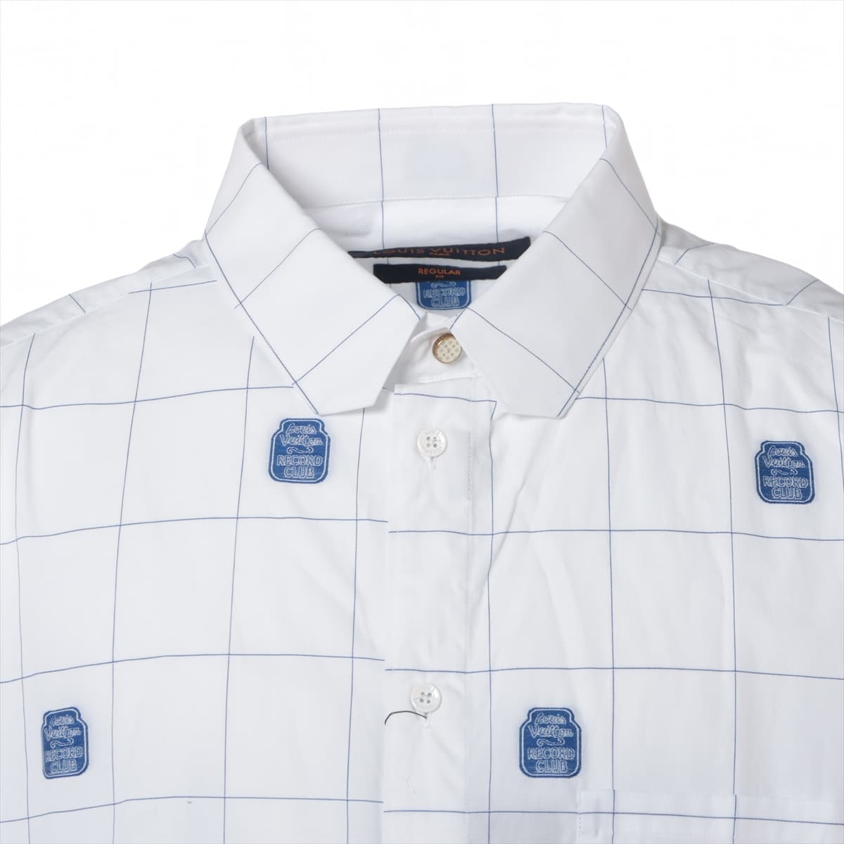 ルイヴィトン 20SS コットン シャツ 42 メンズ ブルー×ホワイト  RECORD CLUBロゴ総柄刺繍 RM201F