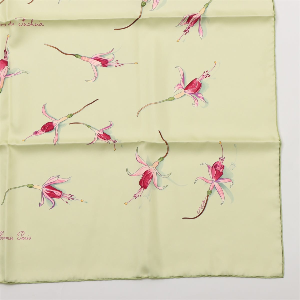 エルメス カレ90 Fleurs De Fuchsia フクシャの花 スカーフ シルク グリーン