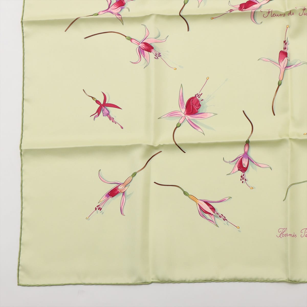 エルメス カレ90 Fleurs De Fuchsia フクシャの花 スカーフ シルク グリーン