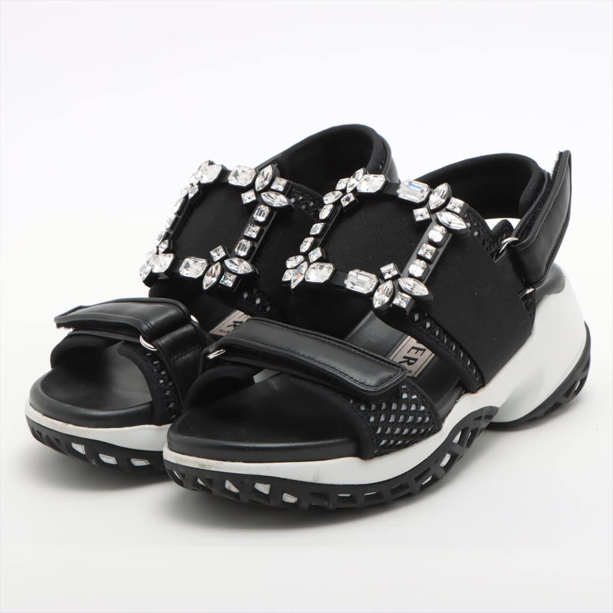 ロジェ ヴィヴィエ レザー サンダル 37 レディース ブラック×ホワイト VIV RUN STRASS BUCKLE SANDAL ビジュー