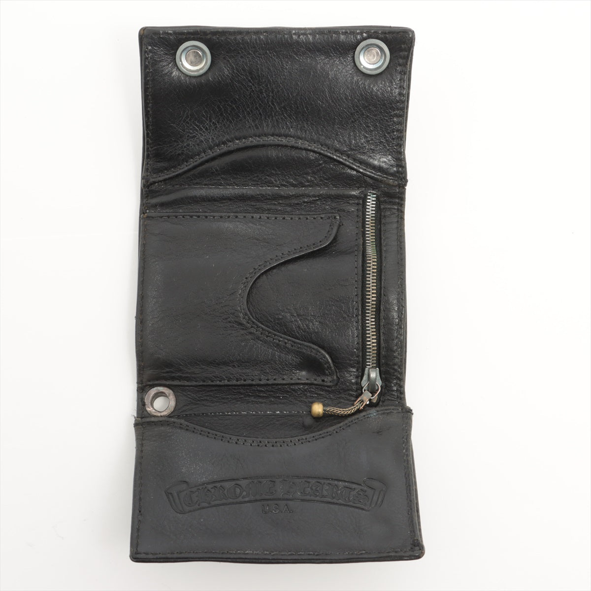 クロムハーツ 3フォールドウォレット 財布 レザー×925 ブラック フローラルボタン
