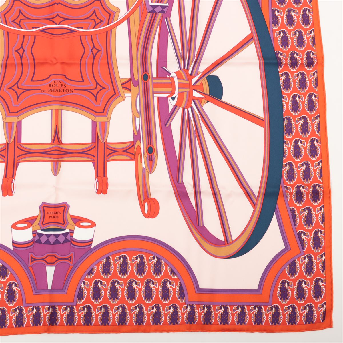 エルメス カレ90 LES ROUES DE PHAETON 四輪馬車の車輪 スカーフ シルク オレンジ