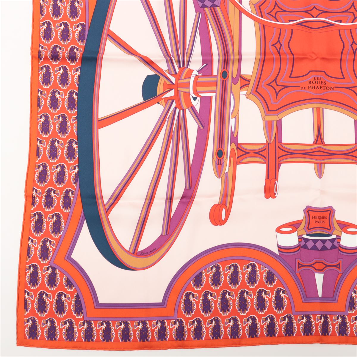 エルメス カレ90 LES ROUES DE PHAETON 四輪馬車の車輪 スカーフ シルク オレンジ