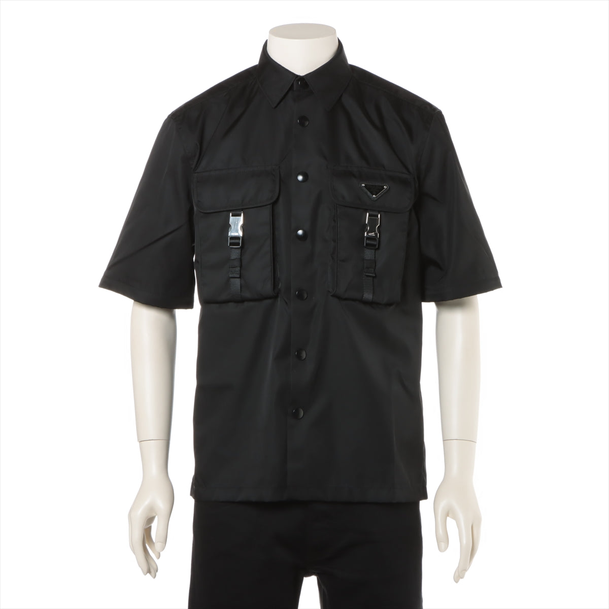 プラダ トライアングルロゴ 23年 ナイロン シャツ XS メンズ ブラック  Re-Nylon ダブルポケットシャツ スナップボタン 2WAY取り外し袖付 SC548
