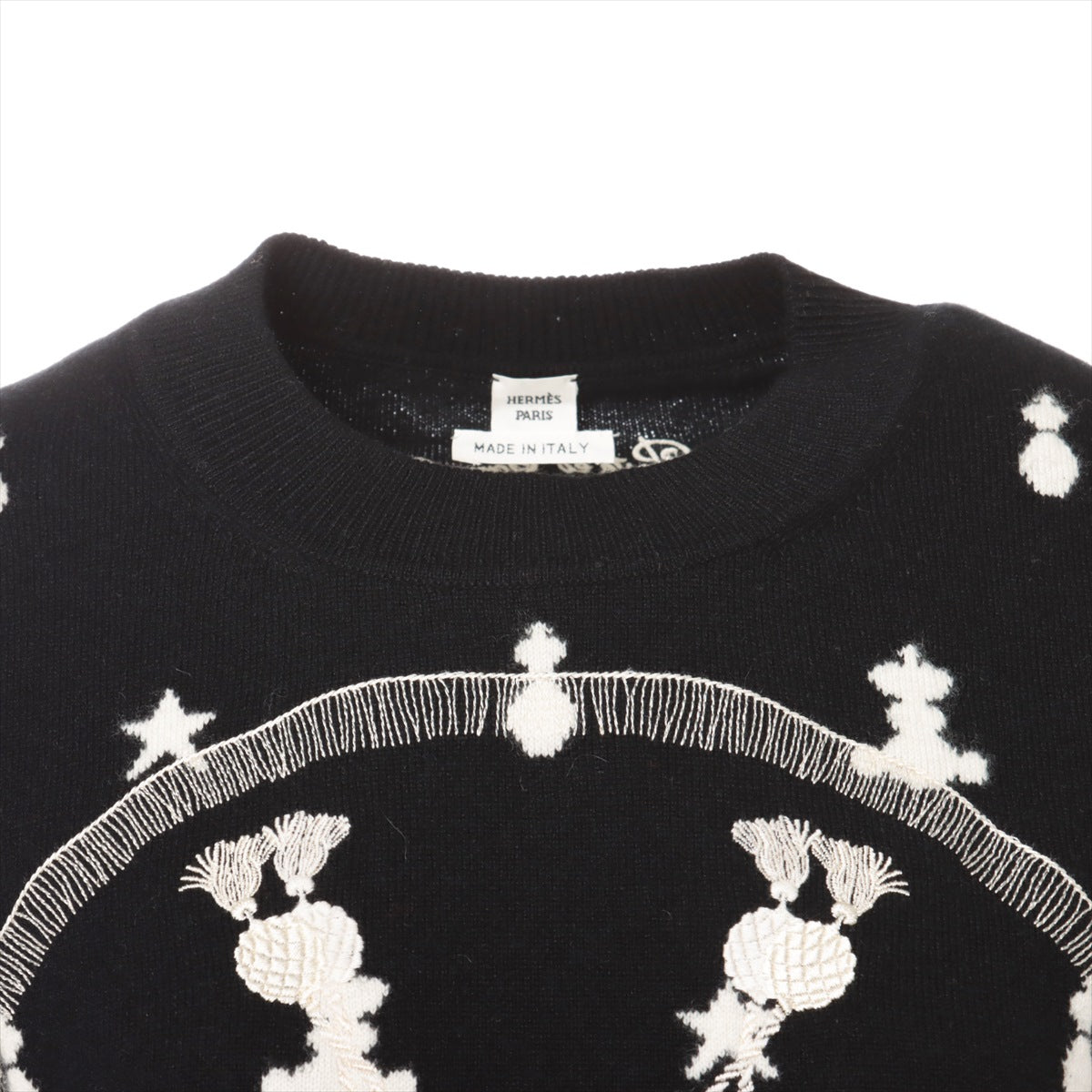 エルメス カシミヤ 半袖ニット 40 レディース ブラック サーベル飾り袋 刺繍