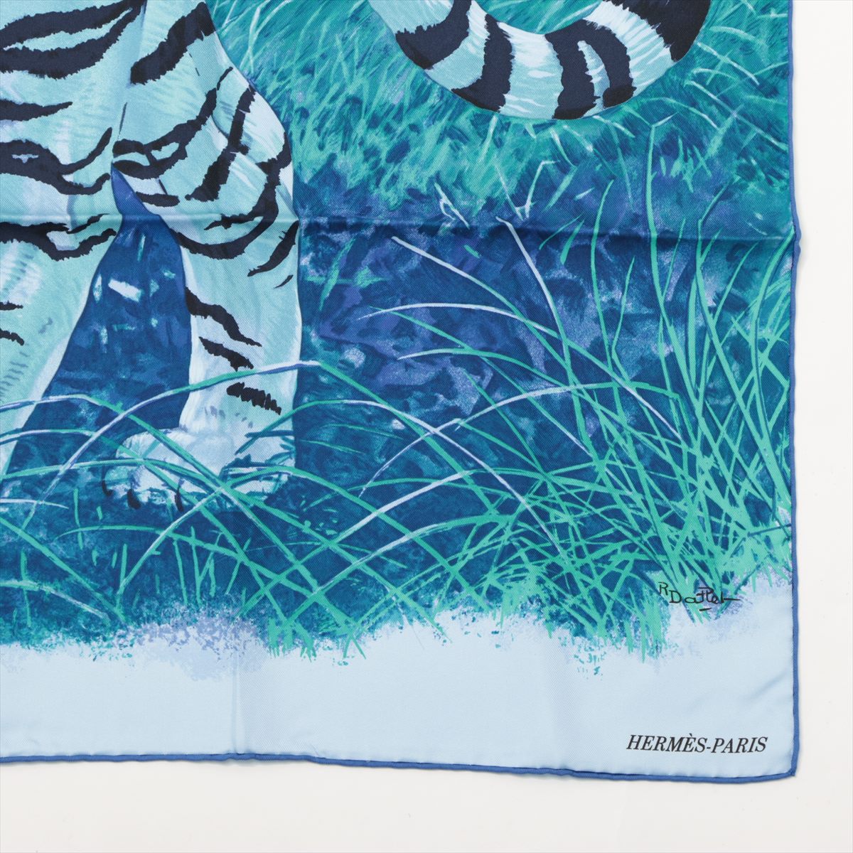 エルメス カレ90 TIGRE DU BENGALE ベンガルの虎 スカーフ シルク ブルー ツレ 保管臭