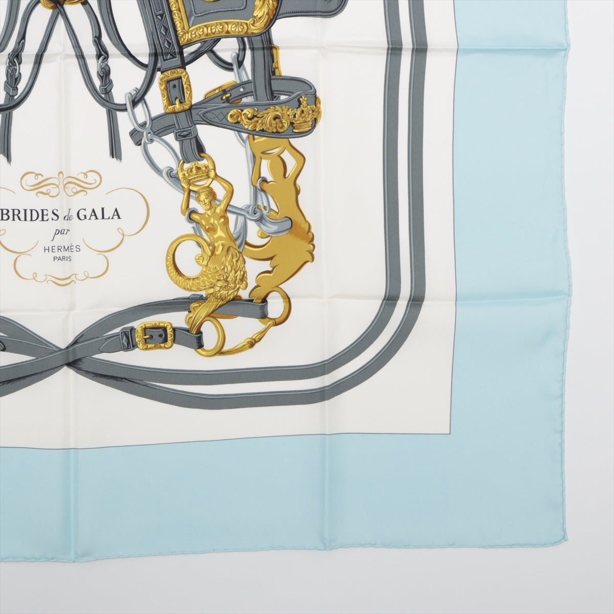 エルメス カレ90 BRIDES de GALA 式典用馬勒 スカーフ シルク ブルー