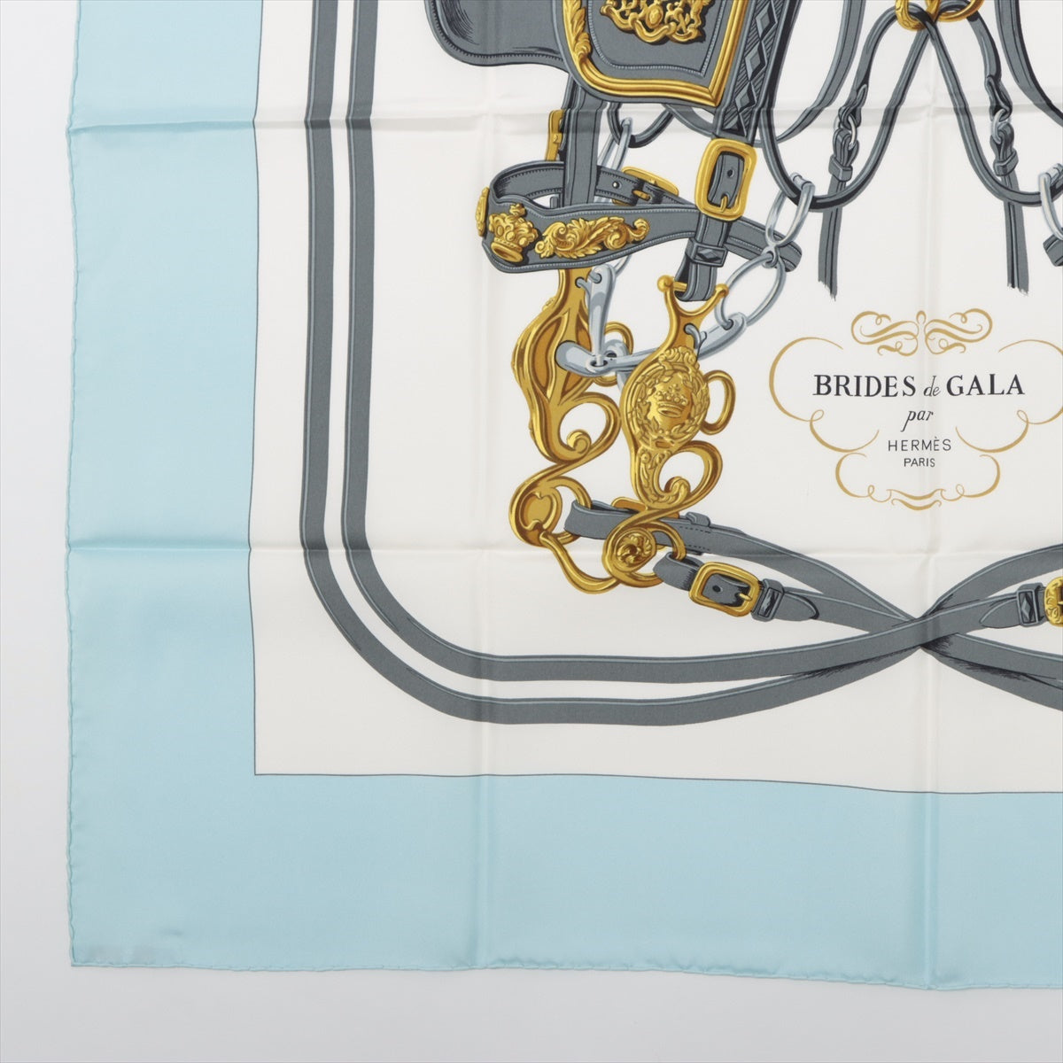 エルメス カレ90 BRIDES de GALA 式典用馬勒 スカーフ シルク ブルー