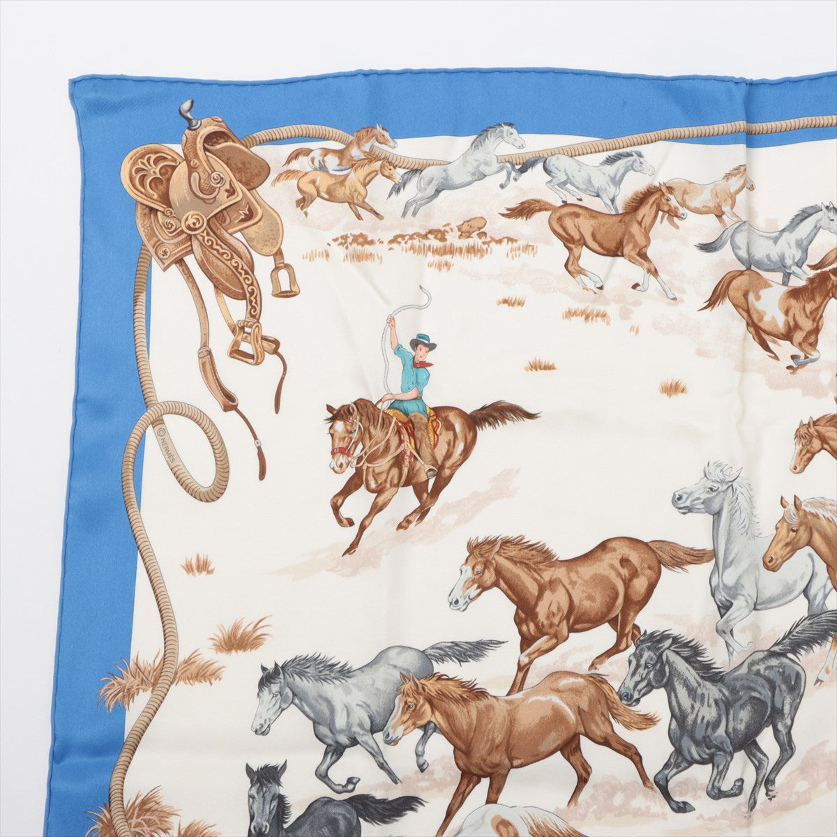 エルメス カレ70 Les Mustangs Bandana 野生馬 スカーフ シルク ブルー