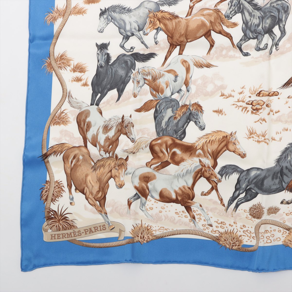 エルメス カレ70 Les Mustangs Bandana 野生馬 スカーフ シルク ブルー