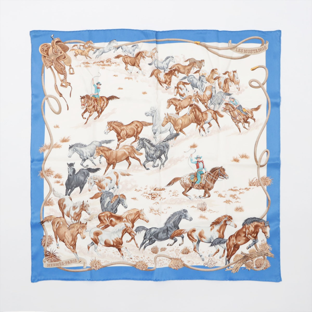 エルメス カレ70 Les Mustangs Bandana 野生馬 スカーフ シルク ブルー