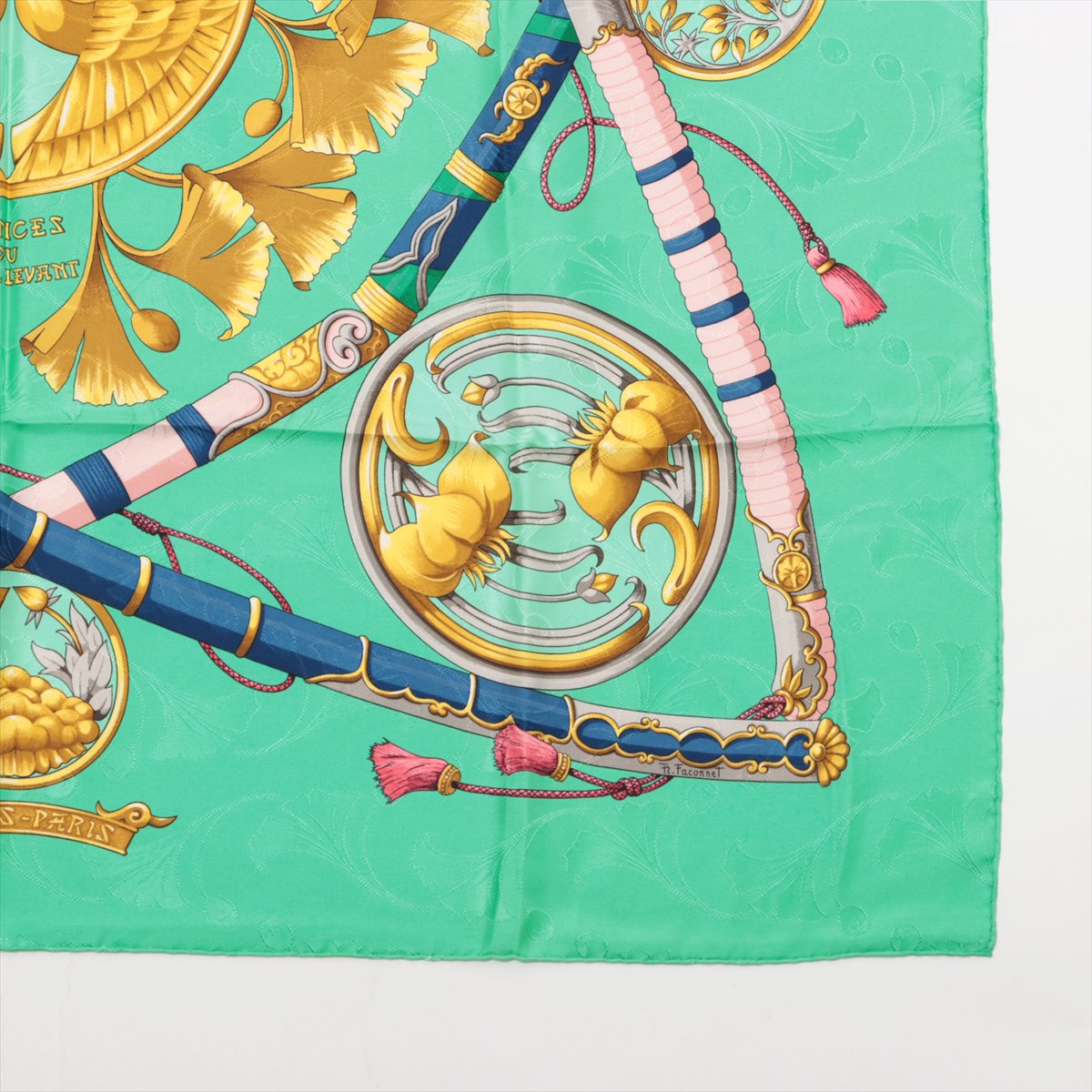 エルメス カレ90 DAIMYO PRINCES DU SOLEIL LEVANT 大名 日出る国の皇子 スカーフ シルク グリーン