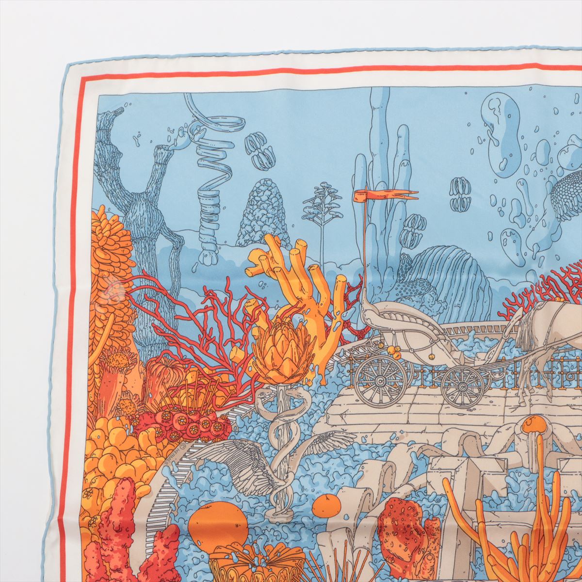 エルメス カレ70 Ex-Libris Atlantis エクスリブリス アトランティス スカーフ シルク ブルー×オレンジ サンゴ タツノ