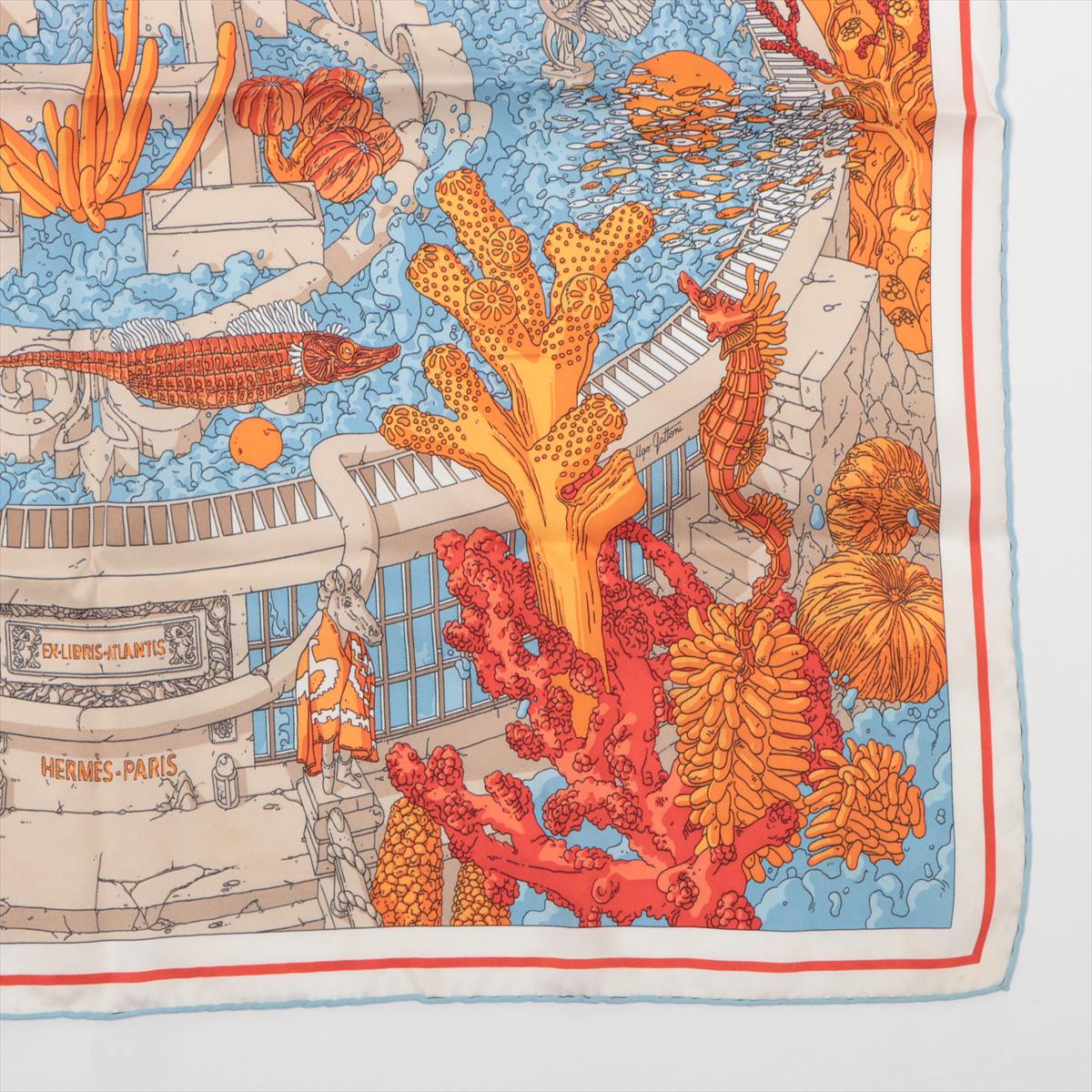 エルメス カレ70 Ex-Libris Atlantis エクスリブリス アトランティス スカーフ シルク ブルー×オレンジ サンゴ タツノ