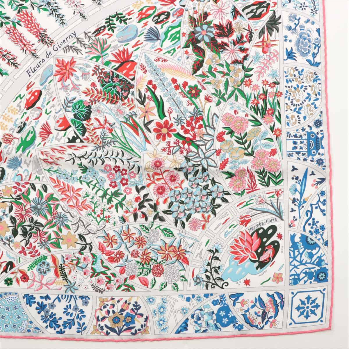 エルメス カレ90 Fleurs de Giverny ジヴェルニーの花 スカーフ シルク ホワイト