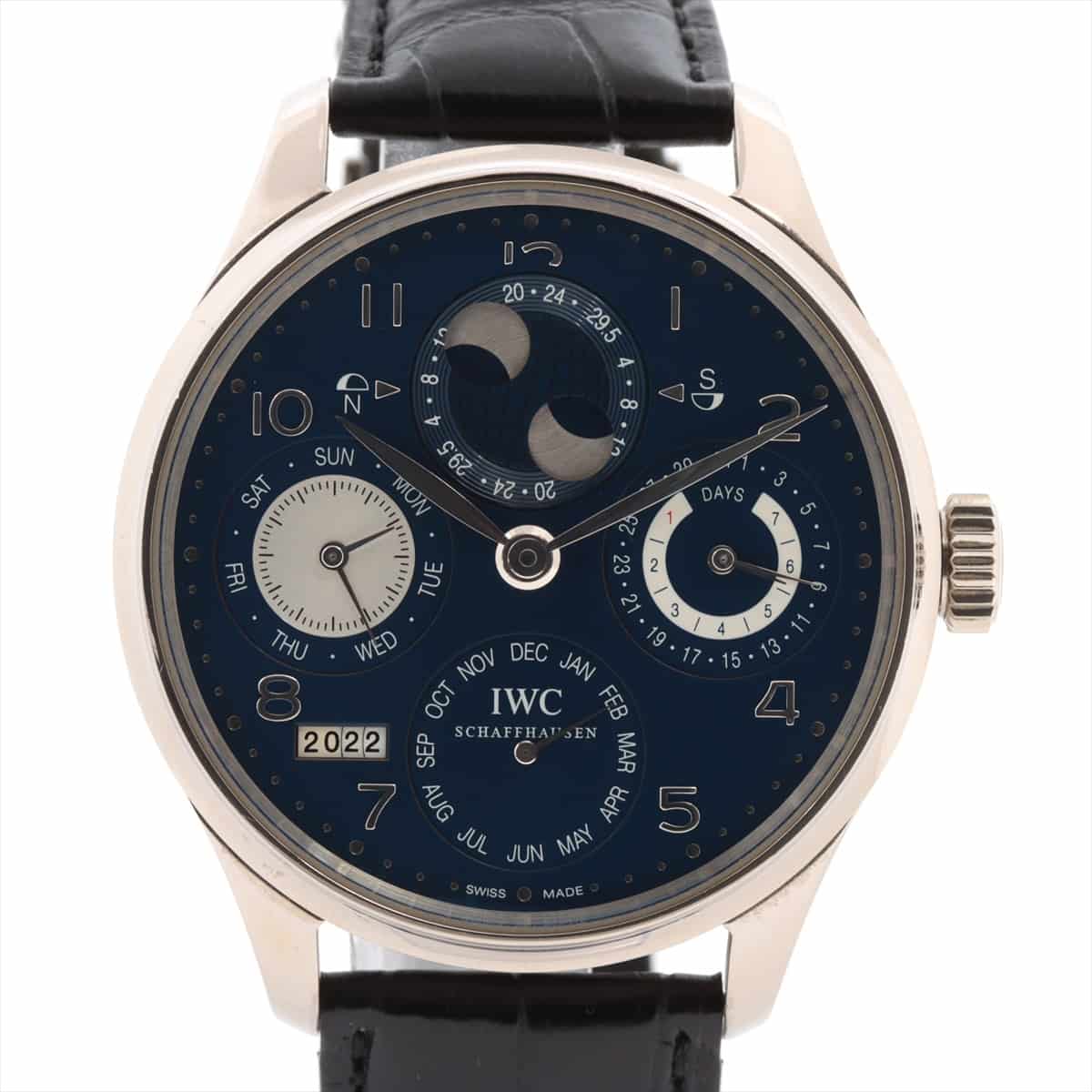 IWC ポルトギーゼ IW503203 750×革 AT 青文字盤 パーペチュアルカレンダー　箱、枕劣化