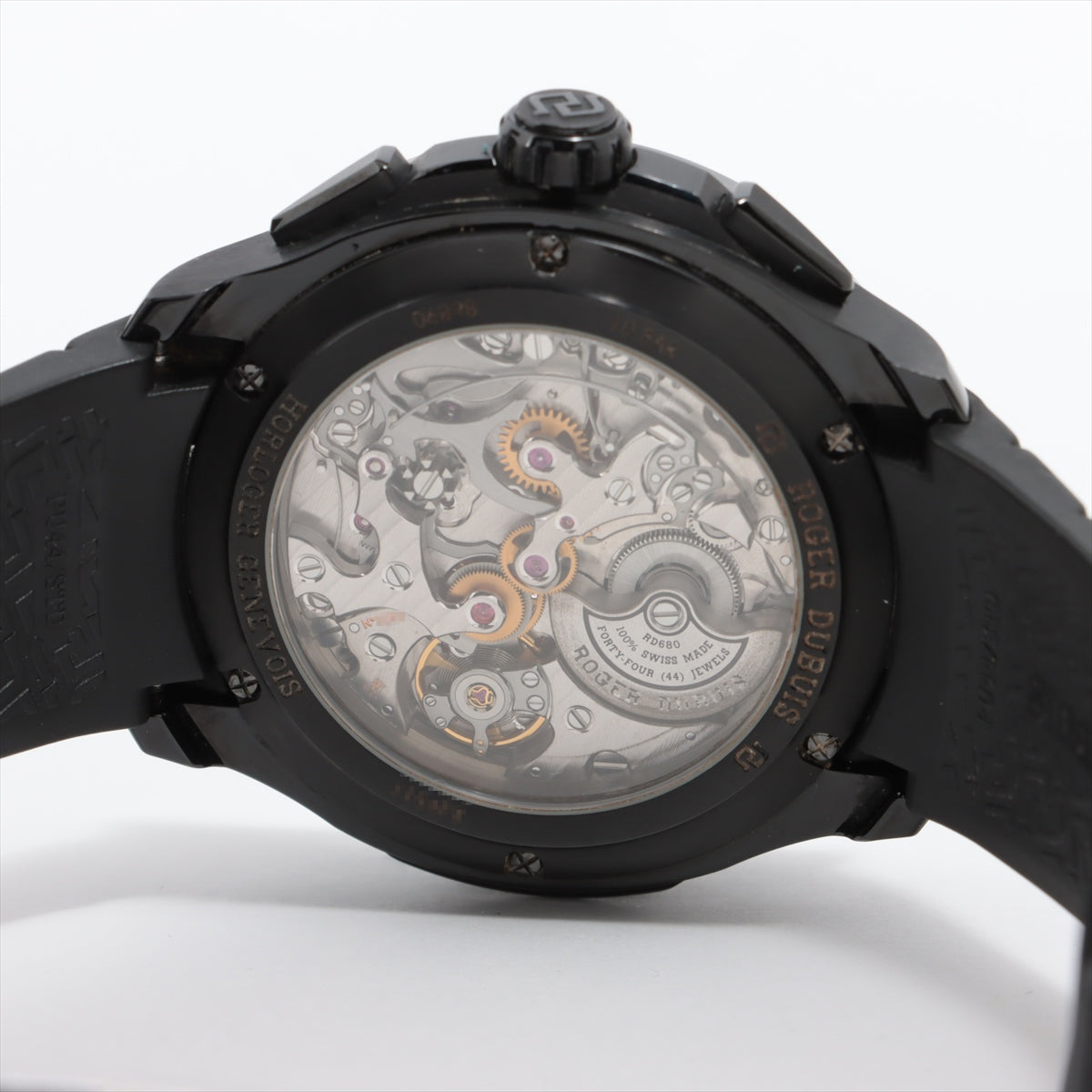 ロジェ・デュブイ ROGER DUBUIS 腕時計 パルジョン DBPU0005 クロノグラフ スモールセコンド 裏スケ コートドジュネーブ ペルラージュ ギョーシェ スケルトン文字盤 チタン(ブラックDLC) ブラック ラバー ベルト 黒 自動巻き