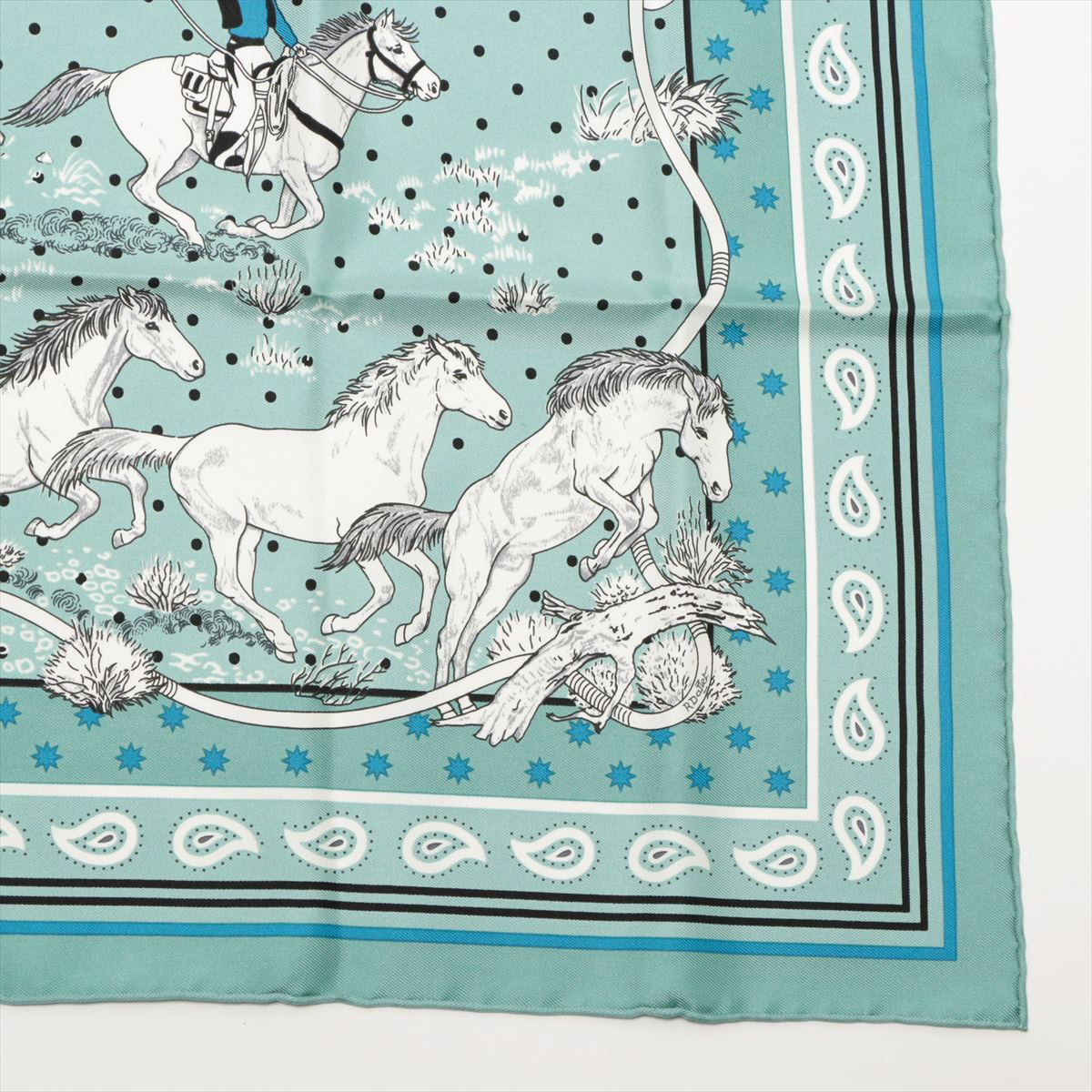 エルメス カレ55 Les Mustangs Bandana 野生馬 スカーフ シルク  ブルーグリーン｜bw019755｜中古ブランド品・ブランド古着通販｜ALLU（アリュー）