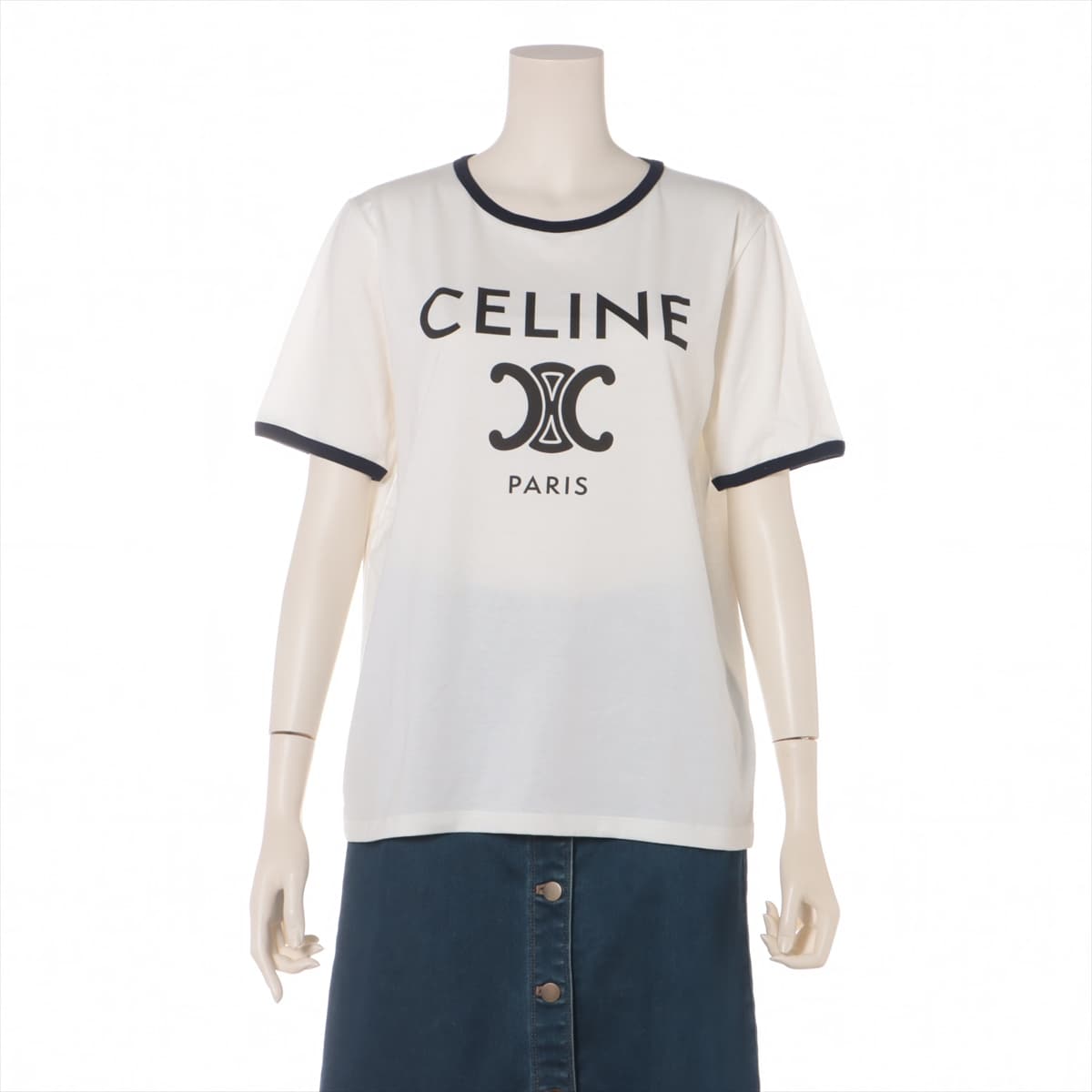 美品 セリーヌ CELINE Tシャツ カットソー 半袖 ショートスリーブ ロゴプリント コットン トップス レディース S ブラック約13cm