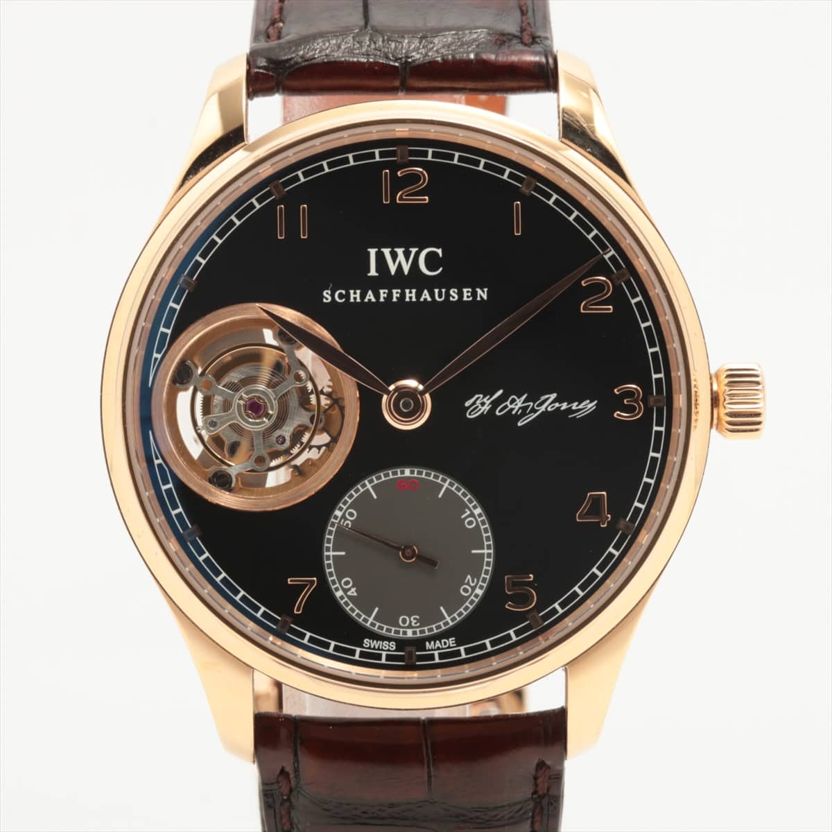 IWC ポルトギーゼ　トゥールビヨン　ハンドワインド　シャフハウゼン IW544705 PG×革 手巻き 黒文字盤